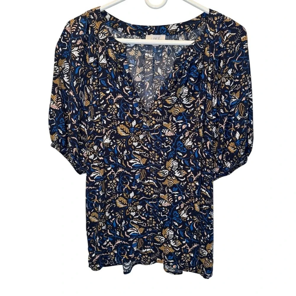 Loft Navy Floral Paisley Puff Sleeve XL Split Neck Rayon Top Boho Peasant